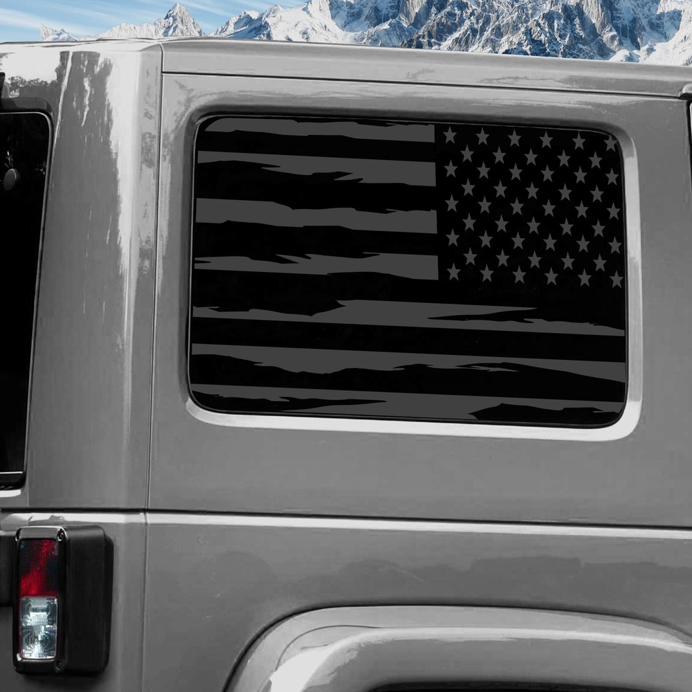 Rear Window Wrap Graphic Decal for Jeep Wrangler 2011-2020 TORN FLAG STAR NGREY