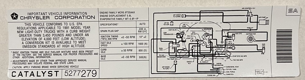 Jeep Grand Wagoneer 1991 Emissions Decal
