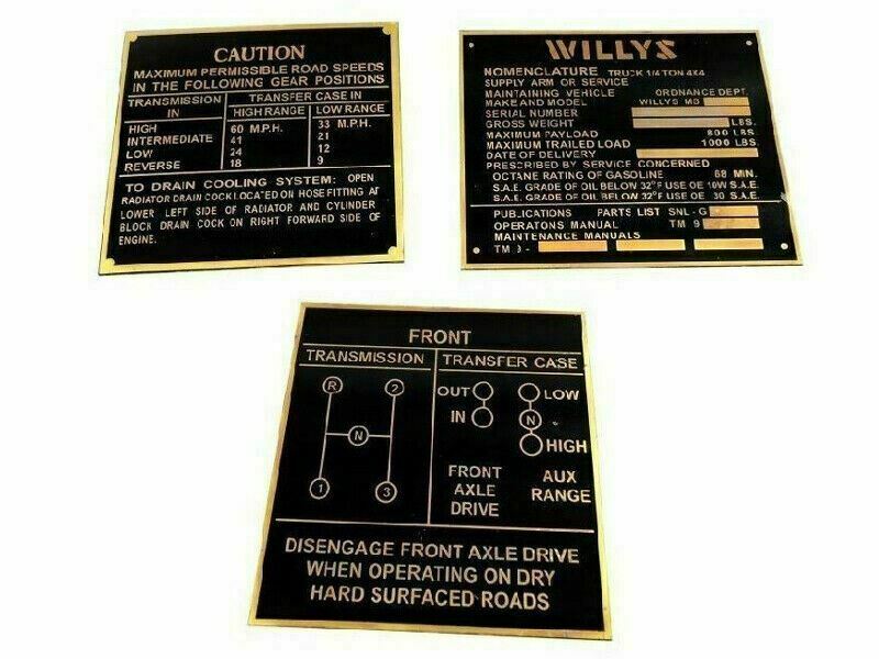 Rare Brass Acid Etching Dash Data Plate Set For Willys Jeep MB GPW