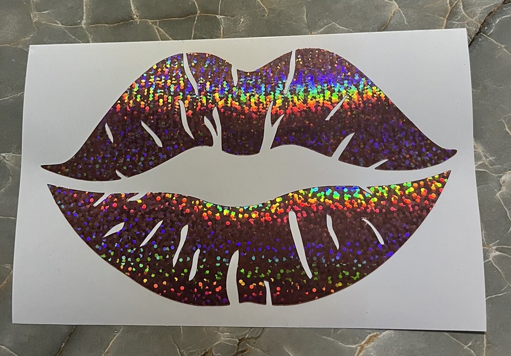 Kiss Lips Pink Car Decal Holographic Permanent Vinyl 5×3” Sparkle Color Changing