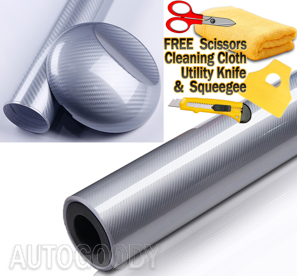 60″ x 60″ HIGH GLOSS 5D Silver Carbon Fiber Vinyl Wrap Bubble Free 5ft x 5ft 6D
