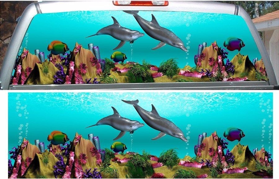Dolphins tropical fish ocean rear window view thru graphic decal wrap