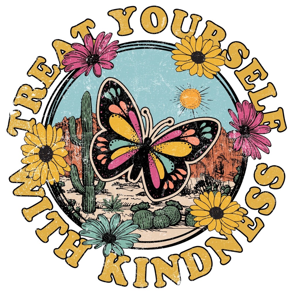 2” Hippie Stickers (6) Treat Yourself With Kindness Butterfly Colorful Flowers
