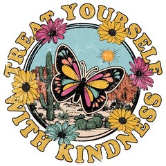 2” Hippie Stickers (6) Treat Yourself With Kindness Butterfly Colorful Flowers