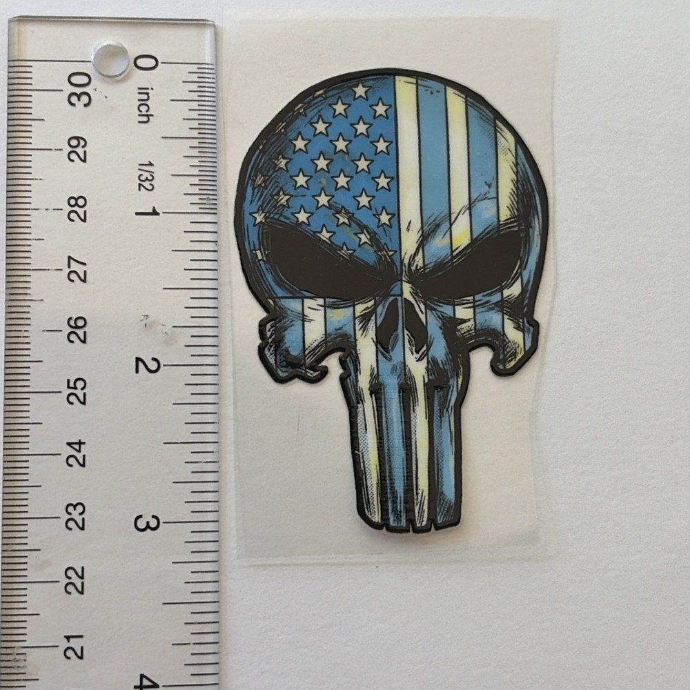 Blue American Flag Punisher Skull Decal. Waterproof And UV Resistant