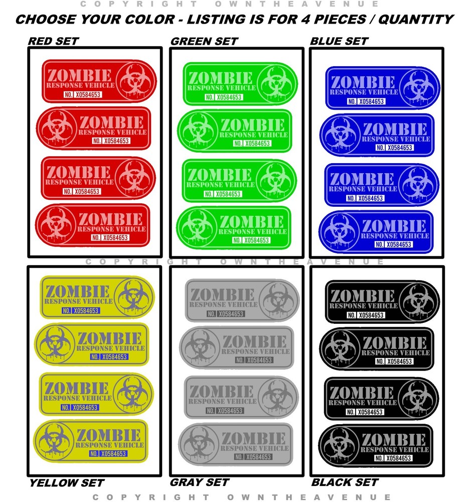 4Pcs Zombie Response Vehicle Set Sticker Decals 4″ Left + Right Facing