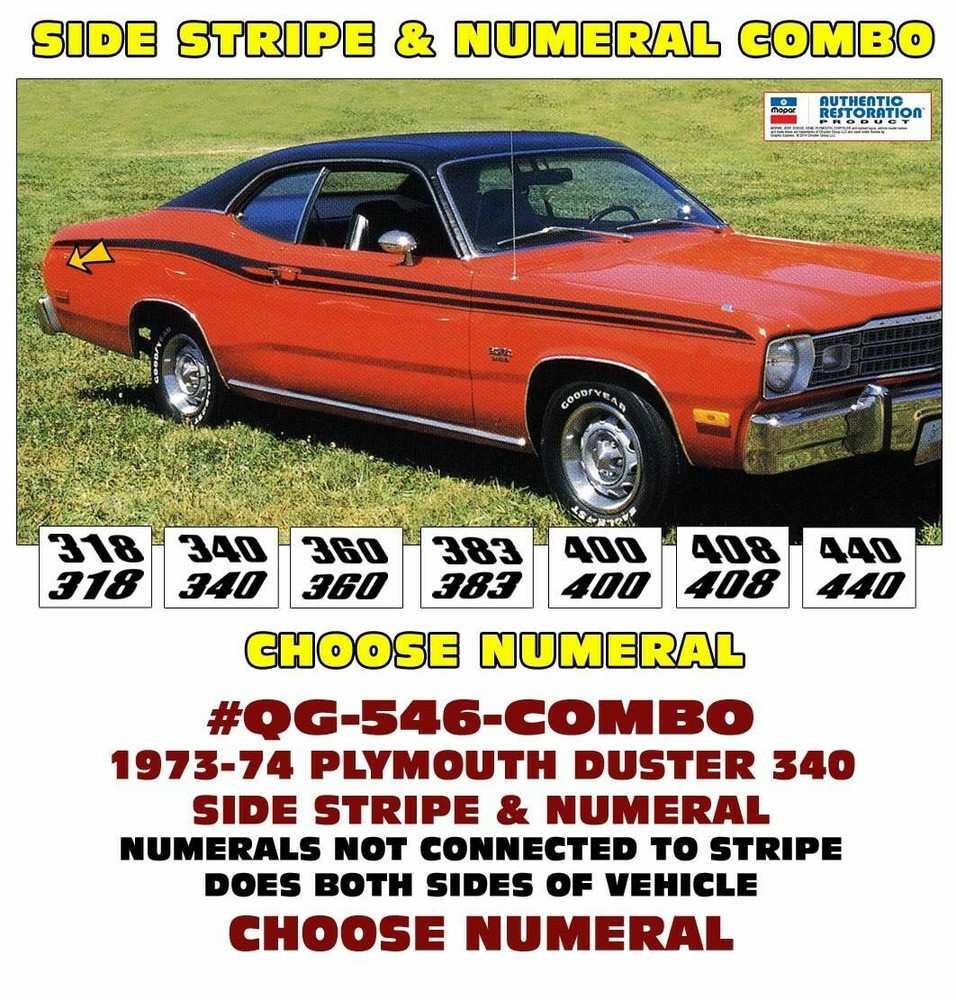 GE-QG-546 COMBO 1973-74 PLYMOUTH DUSTER – SIDE STRIPE & NUMEAL CHOICE – LICENSED
