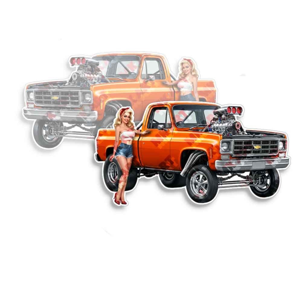 Pin Up Girl Sticker Fits Chevy 1980 KTM Orange Pickup Truck Nose Art 2 PACK
