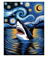 Animal Sticker (3 Inch) Starry Night Shark Artistic Vibrant Blue Ocean Moon !