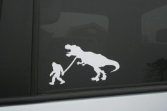 Bigfoot walking his pet T-Rex die-cut sticker, Buy 2 get 1 FREE offer!