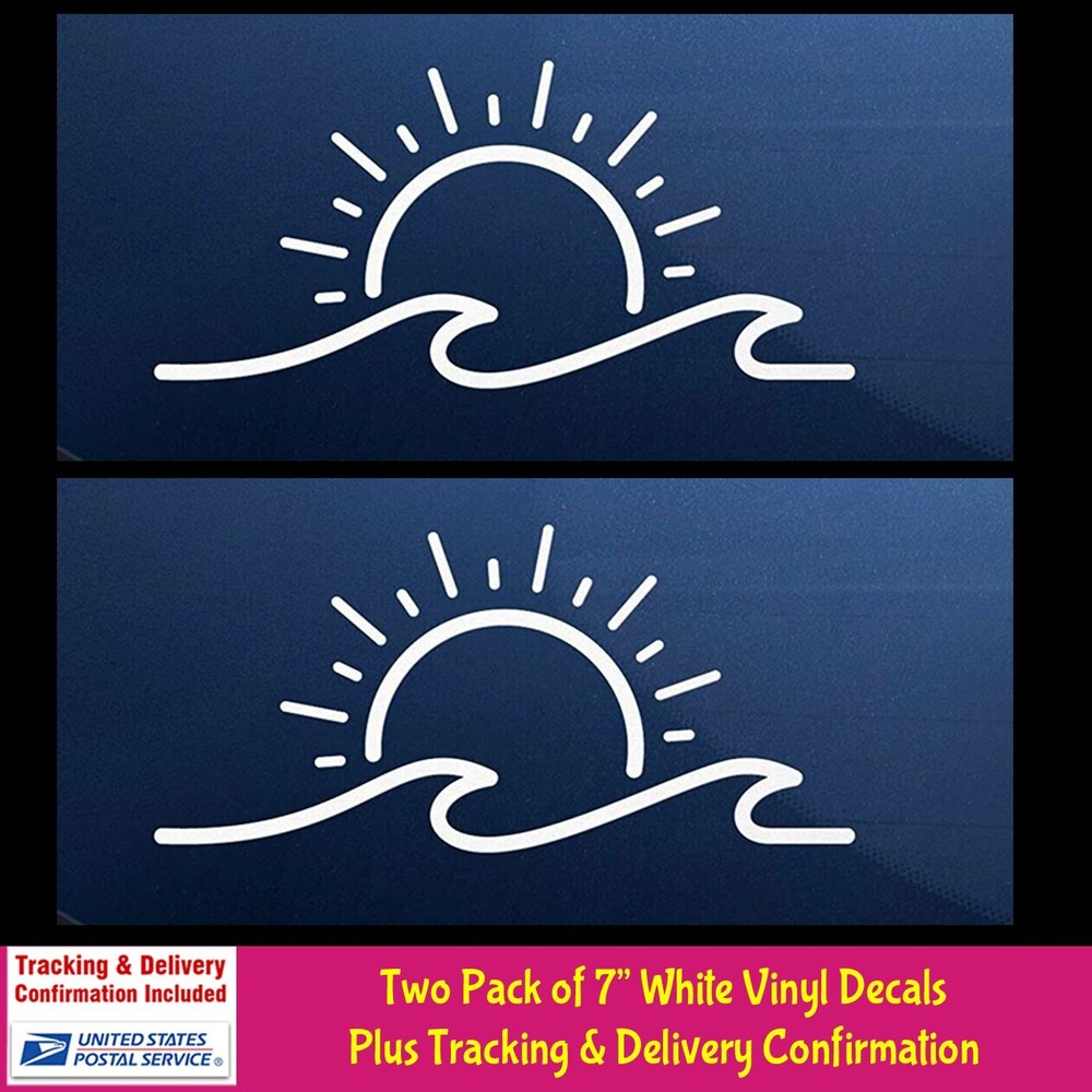 Sun & Wave Decal – Two 7″ White Vinyl Decals Car Truck Windows Laptop Tablet