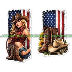 Cowgirl American Flag Patriotic Western Vinyl Decal Sticker 2 Pack I