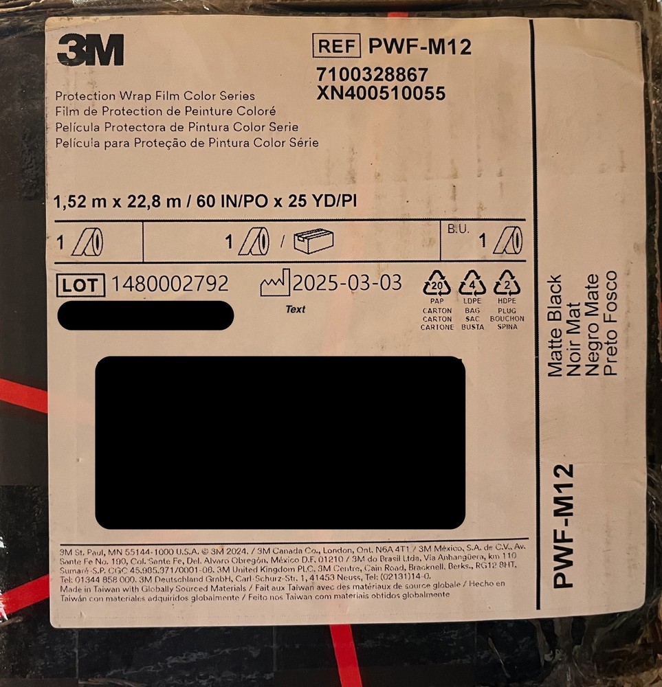 3M Colored PPF / PWF Series Matte Black Paint Protection Film PWF-M12 NEW