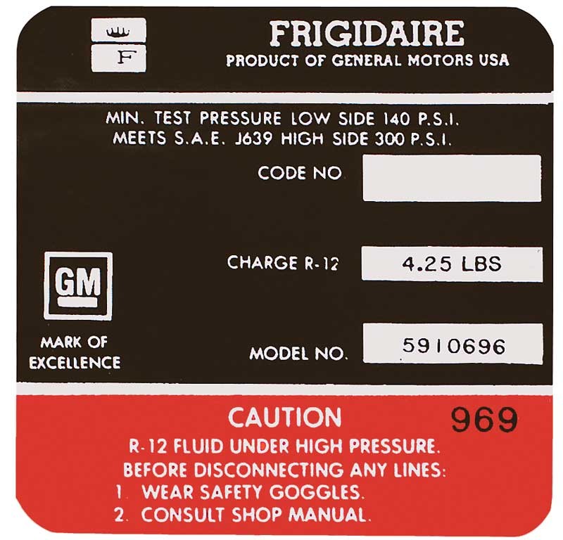1966 Black and Red Frigidaire AC Compressor Decal (OE#5910696)