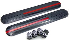[BUNDLE] Thin Red Line Flag Sticker Emblem Decal 6″ x 1″ + Tire Valve Cap Set