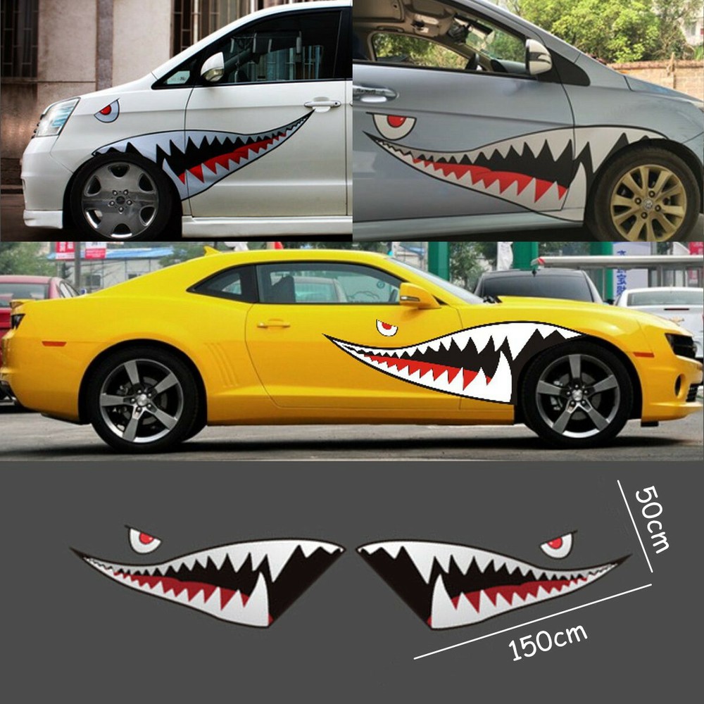 2pc 59″ Shark Mouth Tooth Stickers Vinyl Exterior Decal For Car Side Door Fender
