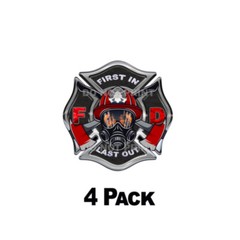 First In Last Out -Sticke r Decals Firefighter Maltese Cross 3″ Black/Red