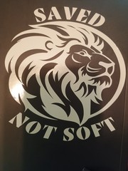 Saved But Not Soft Lion White Vinyl Decal 5″x5.5″ Faith Religious