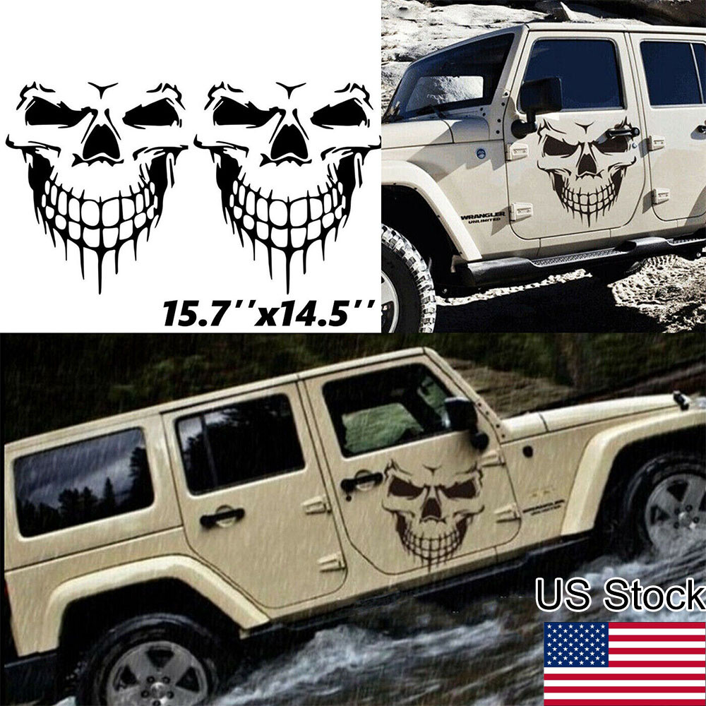 2pcs Black Skull Vinyl Side Door Tailgate Decal Sticker For Jeep Wrangler JK