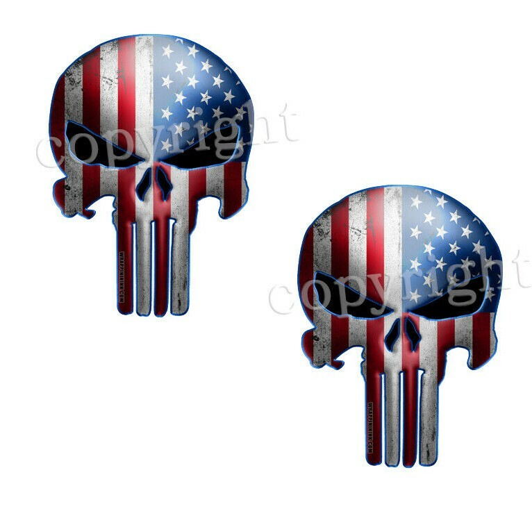 Skull American Flag Distressed Decals Red White and Blue Skull Stickers 2 pack N