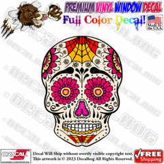 Pink Flower Sugar Skull Full Color Car Truck Window Vinyl Decal Sticker.