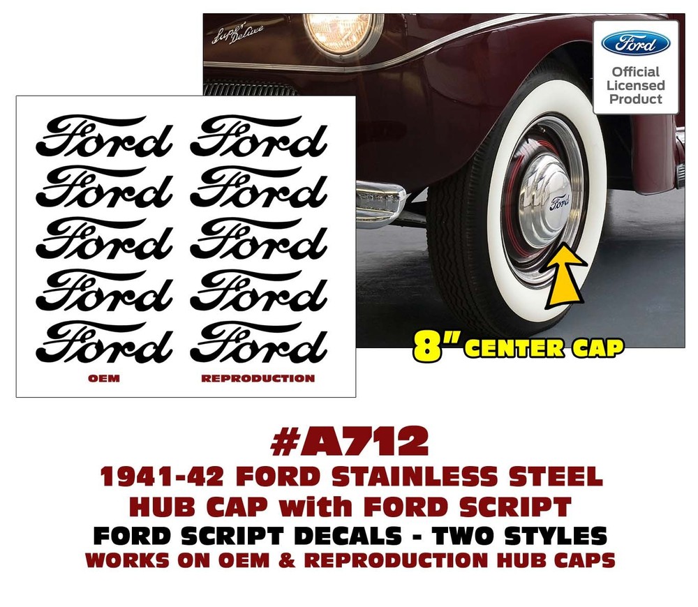 SP A712 1941 1942 FORD TRUCK – STAINLESS STEEL 8″ HUB CAP – FORD SCRIPT DECALS