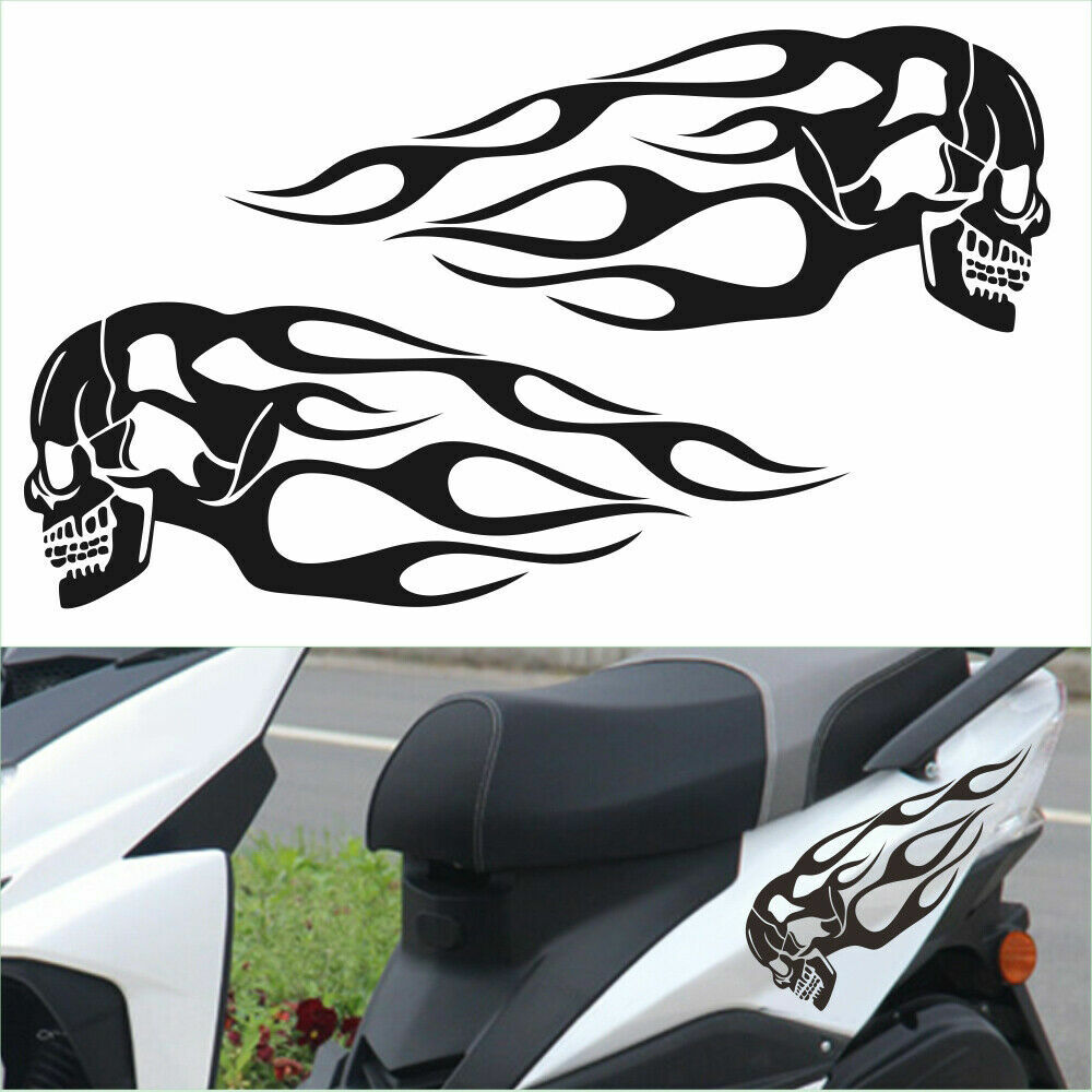 2pcs Set Motorcycle Gas Tank Flaming Flames Skull Badge Vinyl Decal Sticker