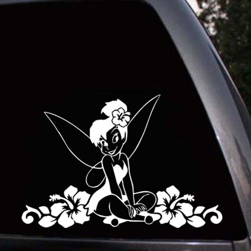Fairy Tinker bell Tink around Hawaiian Hibiscus Flowers Vinyl Sticker Decal