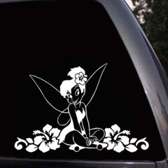 Fairy Tinker bell Tink around Hawaiian Hibiscus Flowers Vinyl Sticker Decal