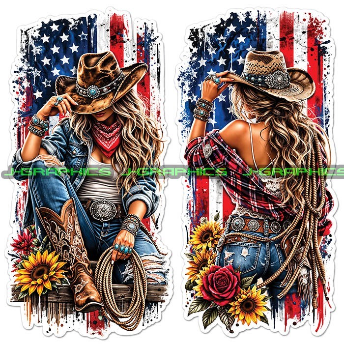 Cowgirl American Flag Patriotic Western Vinyl Decal Sticker 2 Pack E