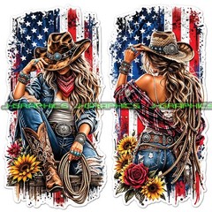 Cowgirl American Flag Patriotic Western Vinyl Decal Sticker 2 Pack E