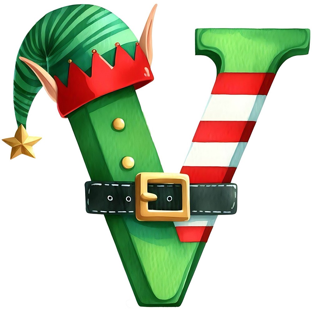 Initial Sticker (3 Inch) Letter V Christmas Holiday Elf Hat Belt Snow Flake !