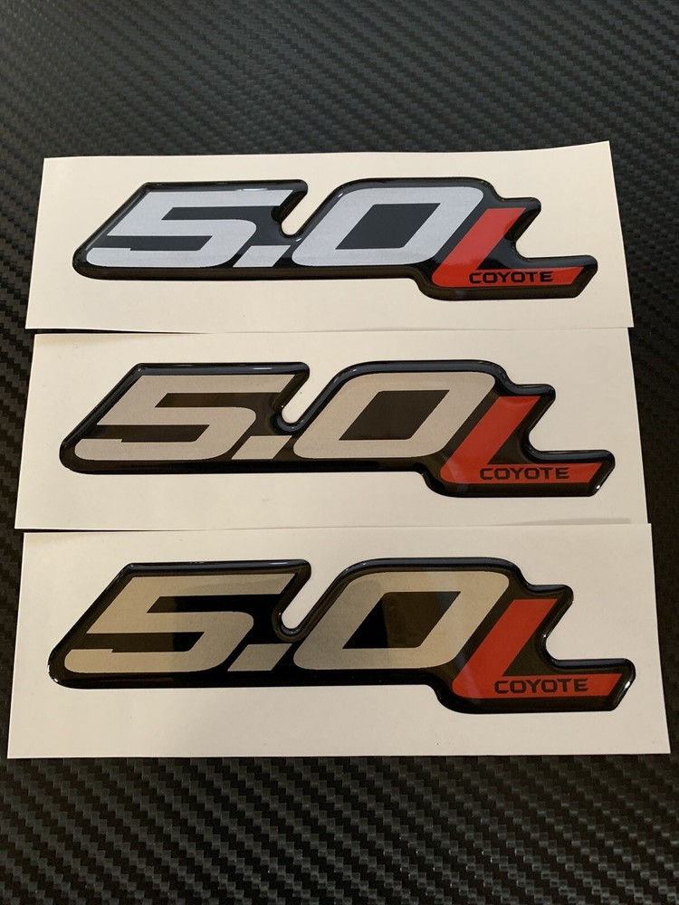 (3) Gel-coated 5.0L COYOTE emblems badges Ford F-150 4.75in Silver/red black
