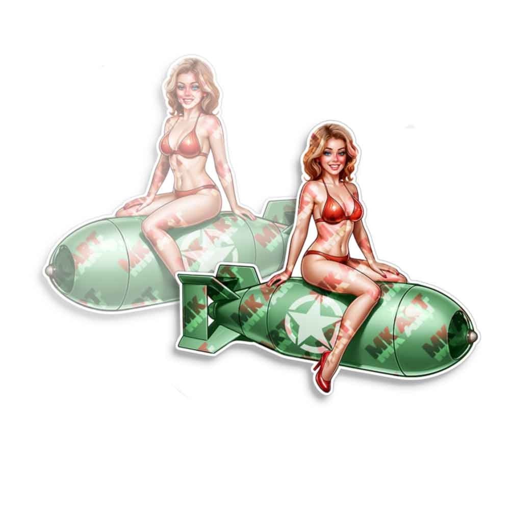 Pin Up Girl Lime Green Bomber Babe Sticker Pinup Nose Art Truck Decal 2 Pack