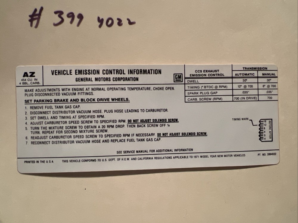 1971 CORVETTE 454 425HP ENGINE EMISSIONS DECAL STICKER AZ. #3994022