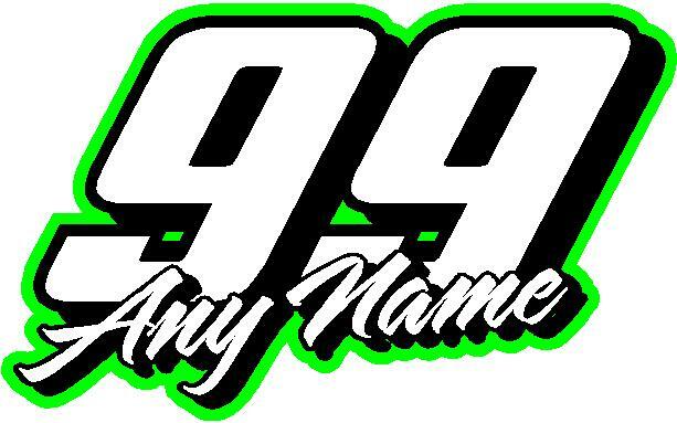 Racing name & number custom vinyl decal sticker 5″x 8″ green any number