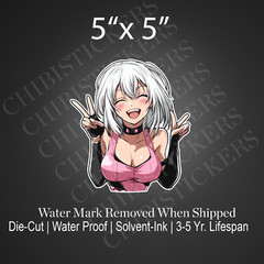 White Silver Waifu Cute Peace Sign Peeker Anime Vinyl Sticker Waterproof Decal