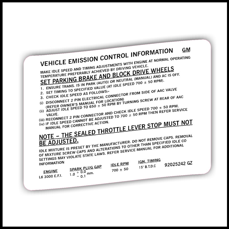 Holden VL Engine emission decal sticker label Turbo N/A HDT Calais RB30 RB30et L