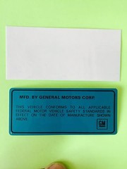 68-76 gm Door Jamb tag w/ Clear Coat Cover Original Repro ID Number Decal new