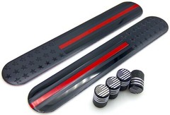 [BUNDLE] Thin Red Line Flag Sticker Emblem Decal 6″ x 1″ + Tire Valve Cap Set