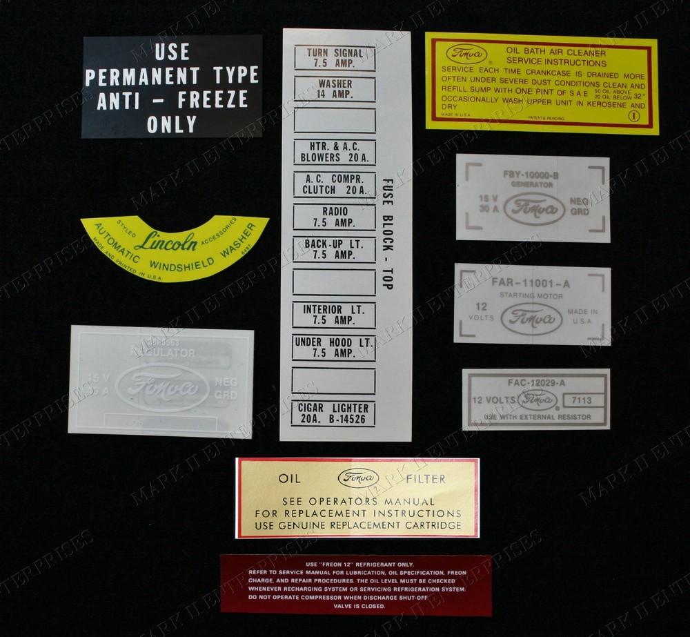 1956 Lincoln Continental Mark II Engine Decal Set with AC 10-Piece Set