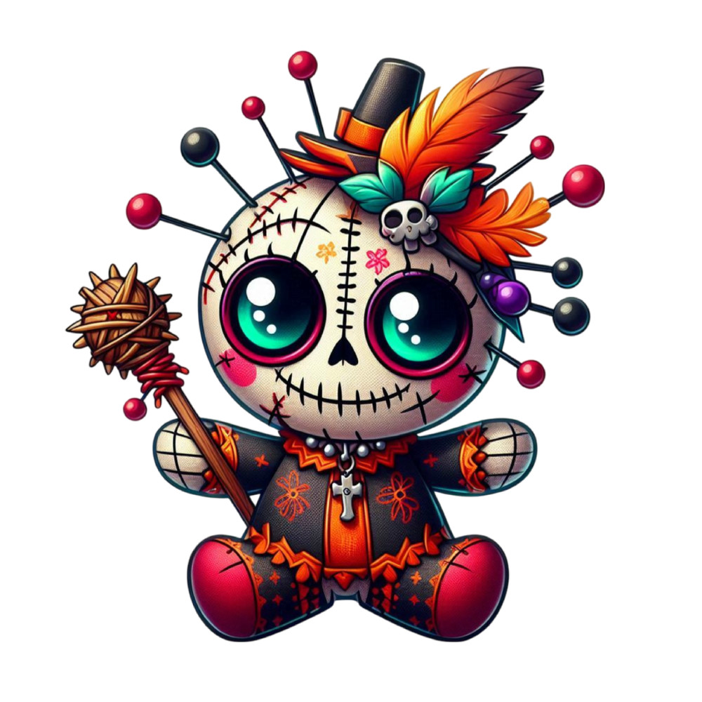 Skeleton Voodoo Doll Sticker 3″ Black White Pumpkin Halloween Stick Skull Red