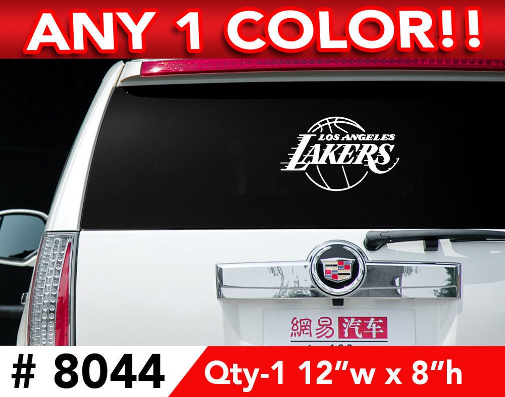 LA LAKERS w/ Ball LARGE DECAL STICKER 12″w x 8″h ANY 1 COLOR