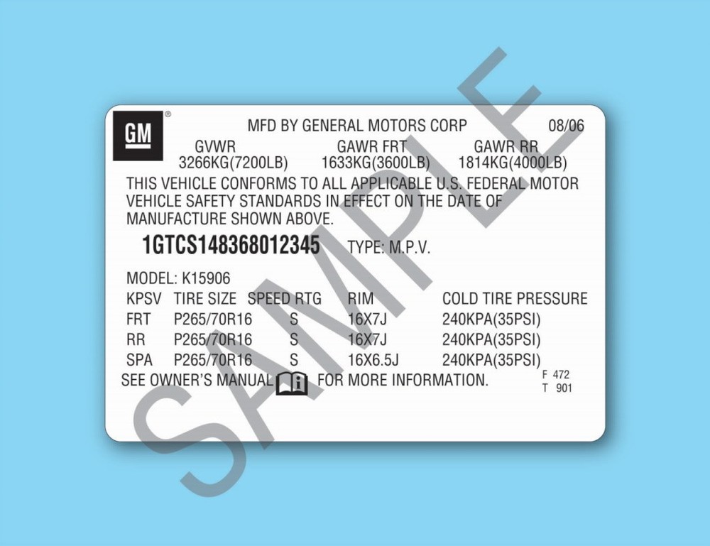GM VIN Label Replacement Decal Trucks and SUVs Chevrolet, GMC 1995-2006 Replica