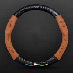 15″/38cm Brown Suede Leather Carbon Fiber Car Steering Wheel Cover for Ford