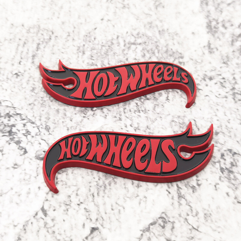 2x Metal Red Black Hot Wheels Fender Lid Hood Badge Hotwheels Decal Emblem