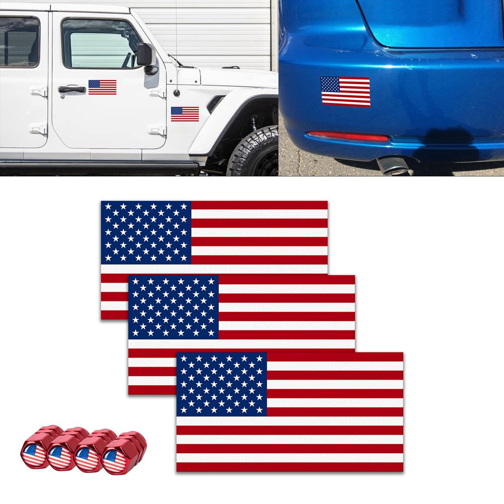 Reflective Red American Flag Sticker Tire Valve Stem Caps for Car, Trunk, SUV