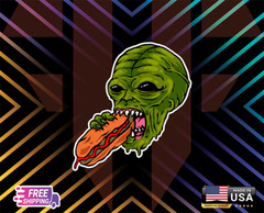 HOT DOG ALIEN DECAL STICK,LAPTOP,WALL,WINDOW,ETC,6YEARS R+LAMINATED +FREESTICKER