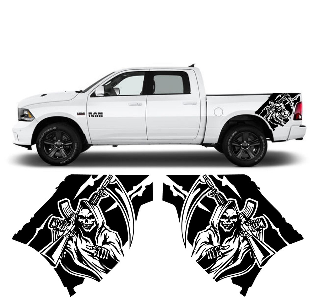 COMPATIBLE WITH DODGE RAM Grim Reaper Bed GRAPHICS VINYL BEDSIDES REAR .. Set