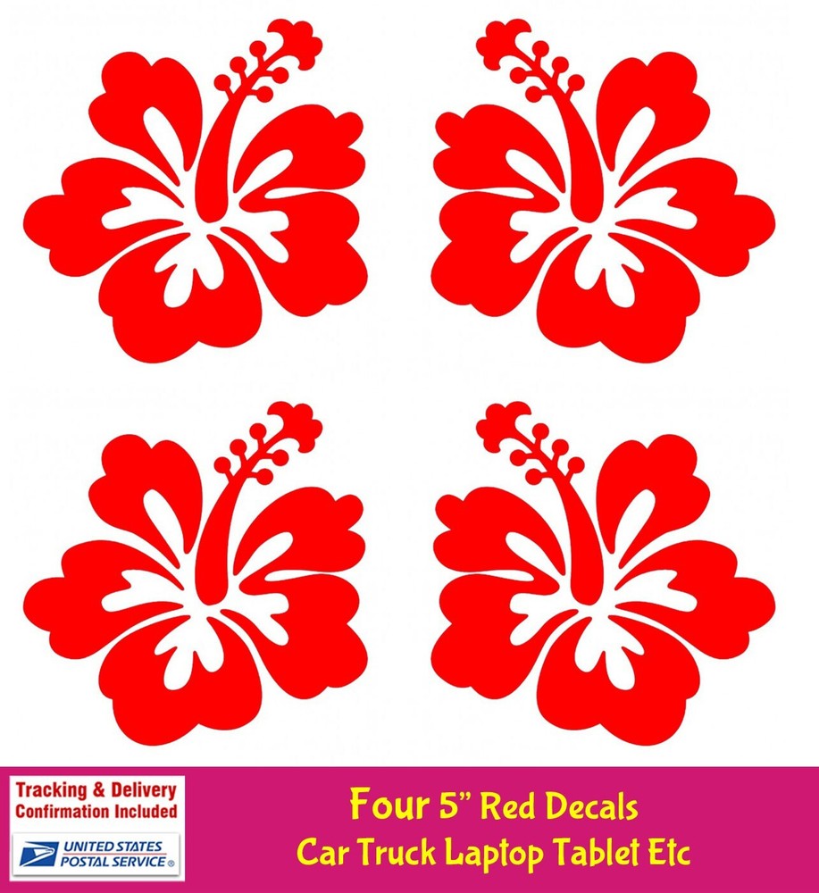 Hibiscus 4 Pack, Hawaiian Flower Red 5″ Vinyl Decals Car Truck Window Laptop